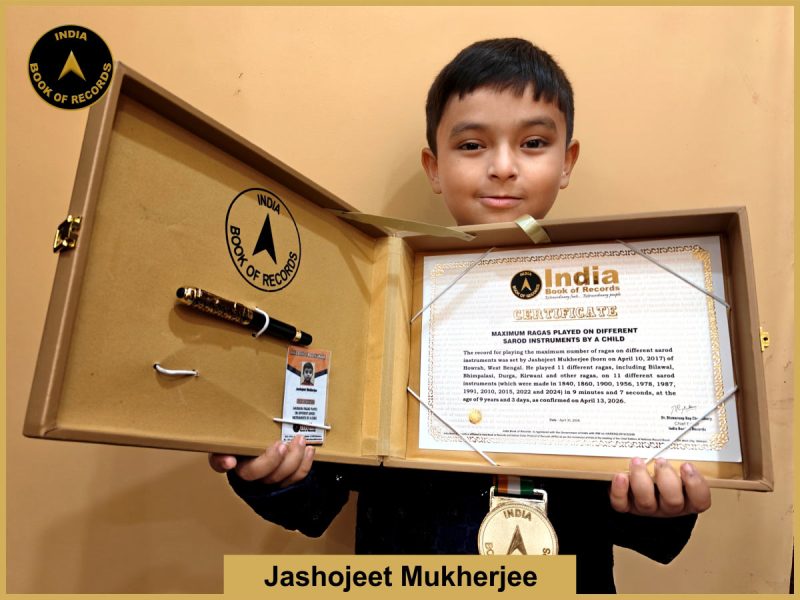 Image of Jashojeet Mukharjee, Maximum ragas played on different sarod instruments by a child.