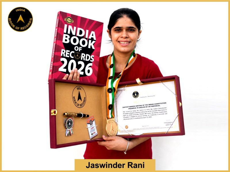 Image of Jaswinder Rani, Fastest mirror writing of the Indian Constitution Preamble in English by an individual.