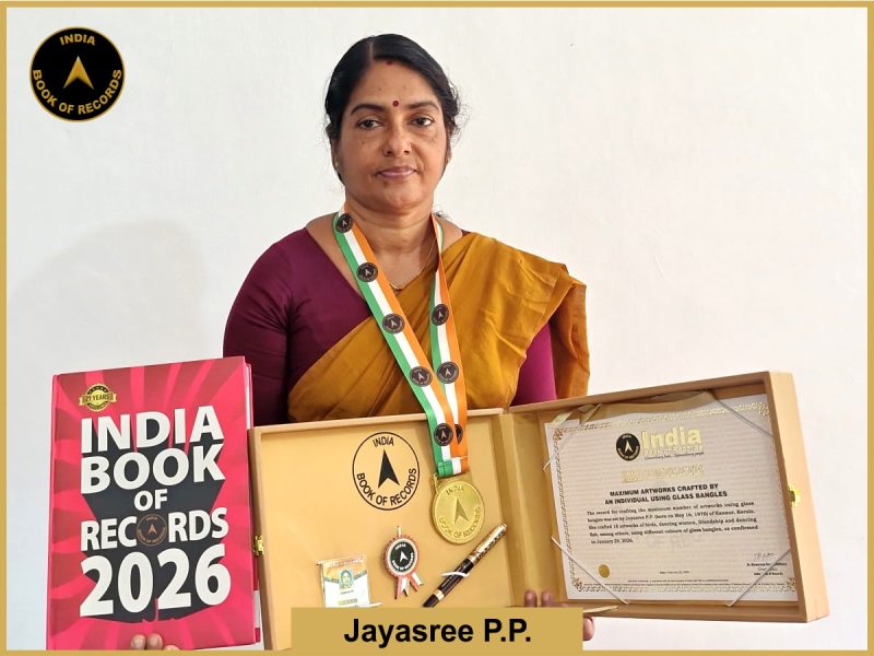 Pic of Jayasree P.P. Maximum artworks crafted by an individual using glass bangles.