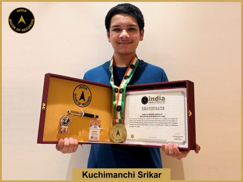Image of kuchimanchi Srikar, Names of maximum temples of India recited in one minute by a teen.