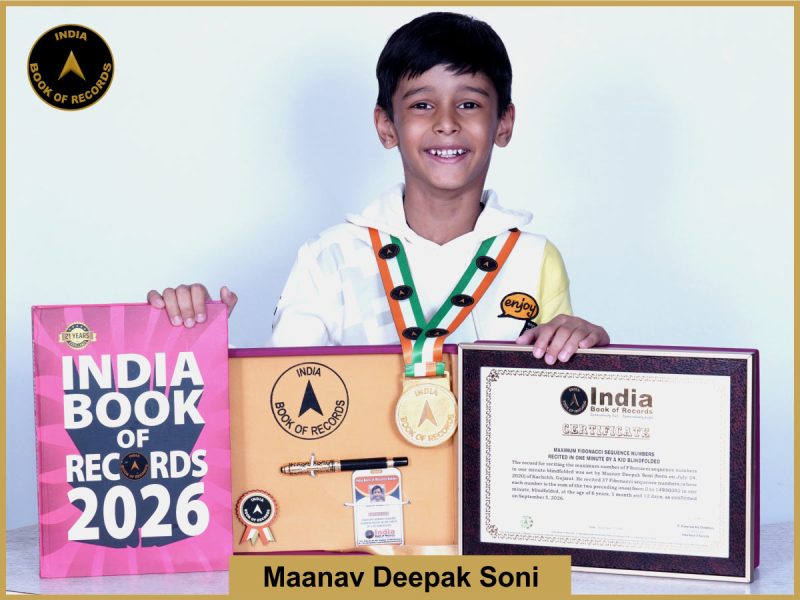 Pic of Maanav Deepak Soni. Maximum Fibonacci sequence numbers recited in one minute by a kid blindfolded.