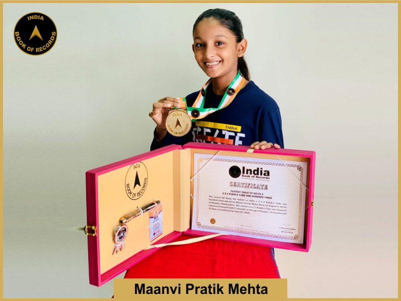 Pic of Maanvi Pratik Mehta, Fastest child to solve a 2 x 2 Rubik’s Cube one hundred times.