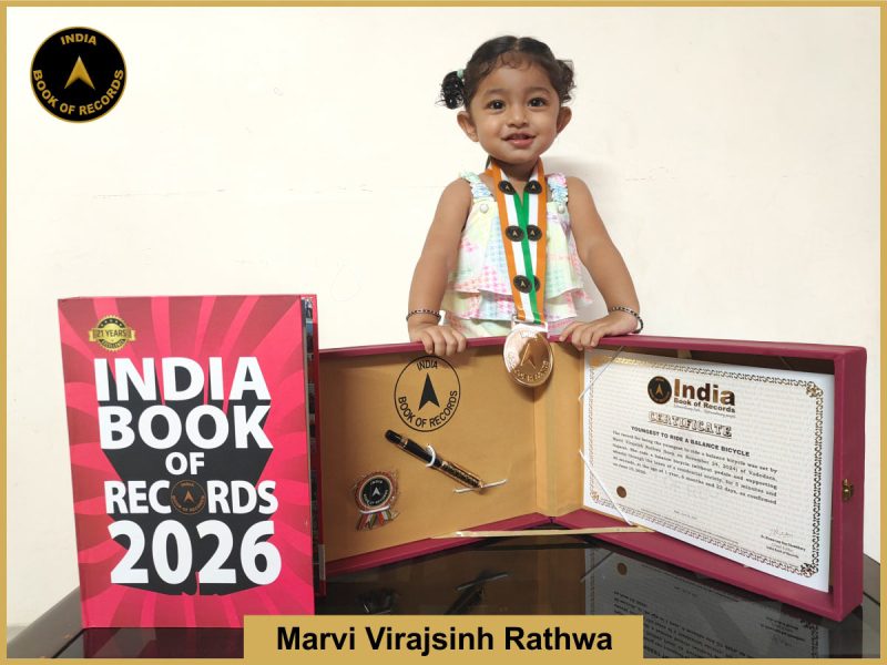 Image of Marvi Virajsinh Rathwa, Youngest to ride a balance bicycle.