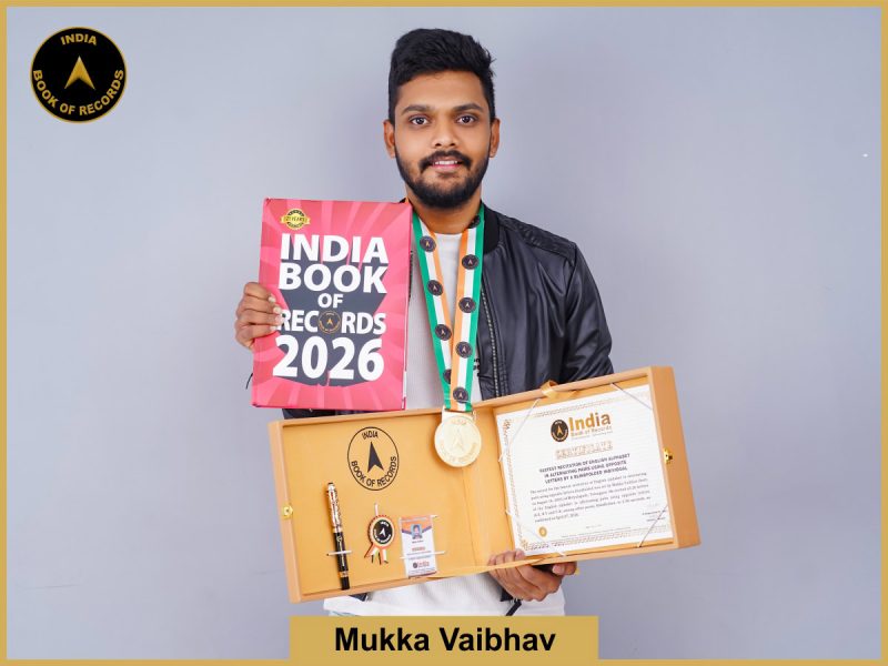 Pic of Mukka Vaibhav, Fastest recitation of English alphabet in alternating pairs using opposite letters by a blindfolded individual.