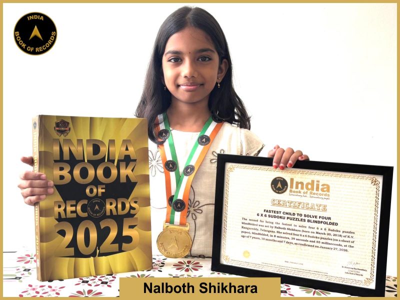 Pic of Nalboth Shikhara, Fastest child to solve four 6 x 6 Sudoku puzzles blindfolded.