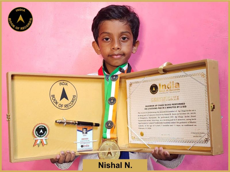 Image of Nishal N, Maximum Ap Chagi kicks performed on a kicking pad in 5 minutes by a kid