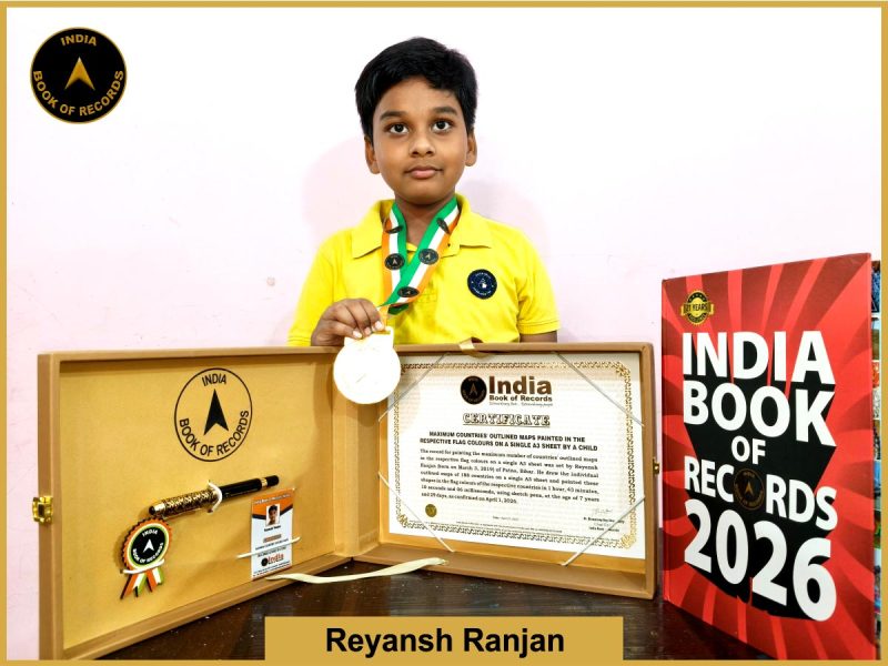 Image of Reyansh Ranjan, Maximum countries' outlined maps painted in the respective flag colours on a single A3 sheet by a child.