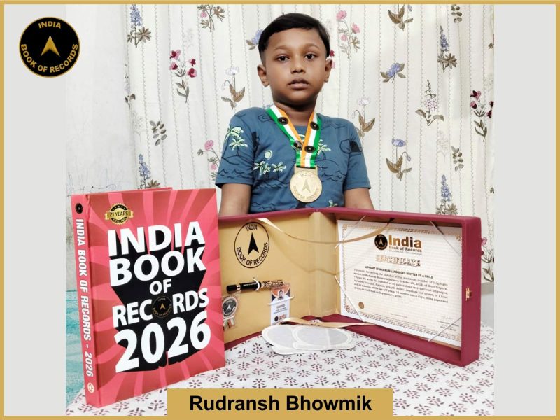 Pic of Rudransh Bhowmik, Alphabet of maximum languages written by a child.