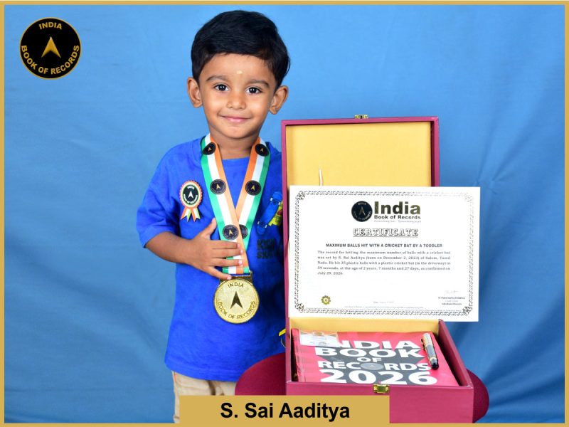 Pic of S Sai, Aaditya, Maximum balls hit with a cricket bat by a toddler.