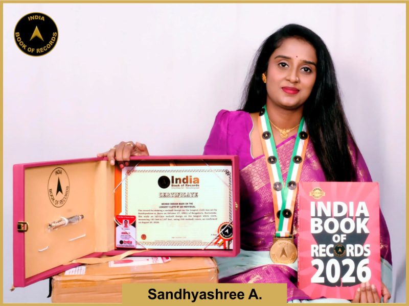 Pic of Sandhyashree A, Mehndi design made on the longest cloth by an individual.