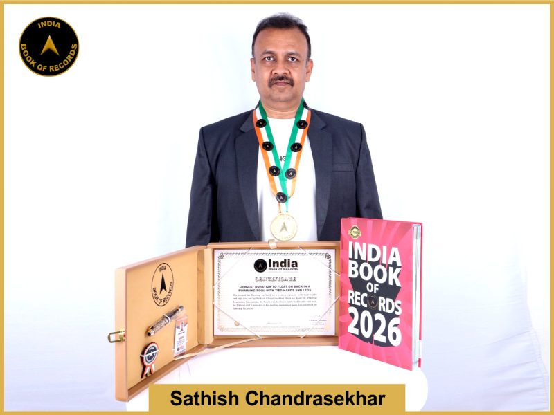 Image of Satish Chandrasekhar, Longest duration to float on back in a swimming pool with tied hands and legs.