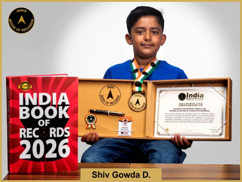 Image of Shiv Gowda D, Maximum certificates, medals and awards achieved by a child for swimming.