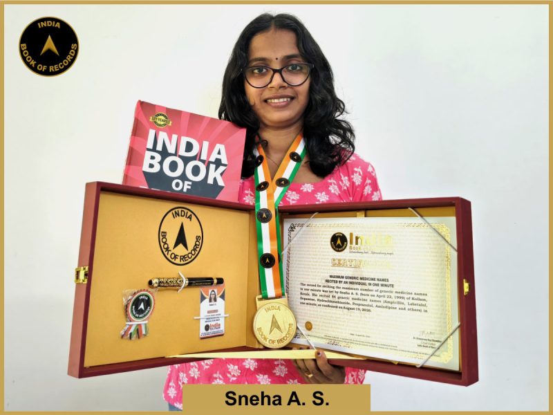 Pic of Snaha A,S, Maximum generic medicine names recited by an individual in one minute.