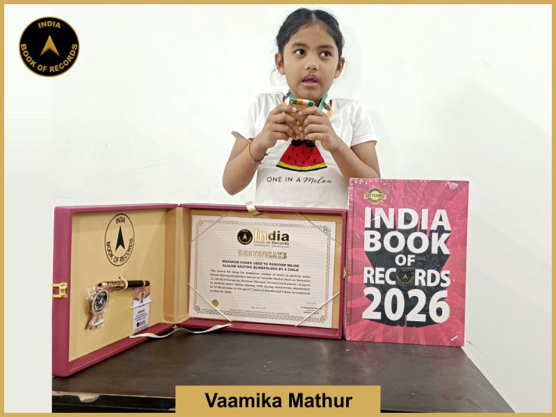 Image of Vaamika Mathur, Maximum cones used to perform inline slalom skating blindfolded by a child.