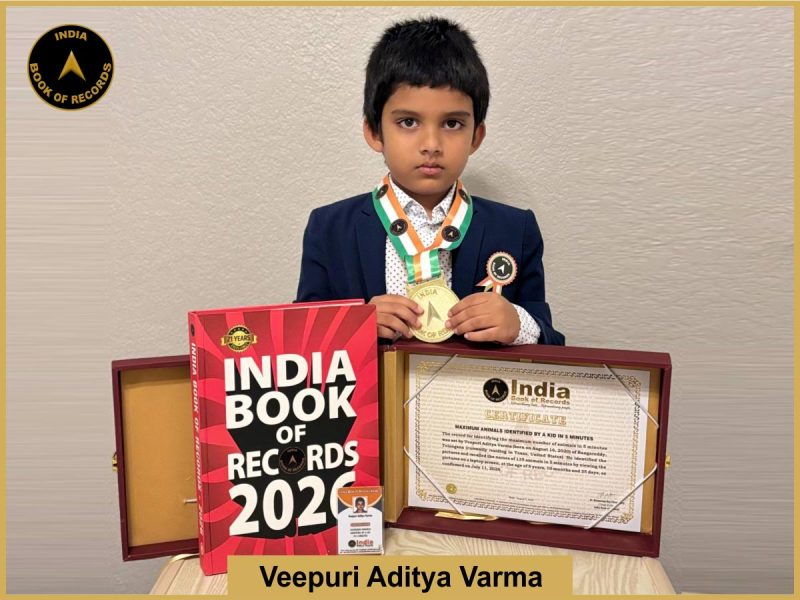 Pic of Veepuri Aditya Varma, Maximum animals identified by a kid in 5 minutes.