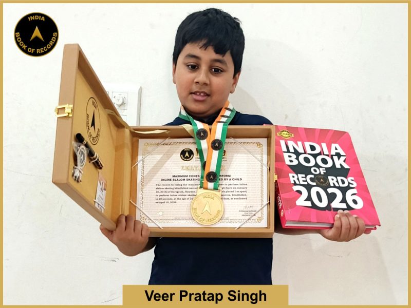 Pic of Veer Pratap Singh, Maximum cones used to perform inline slalom skating blindfolded by a child.